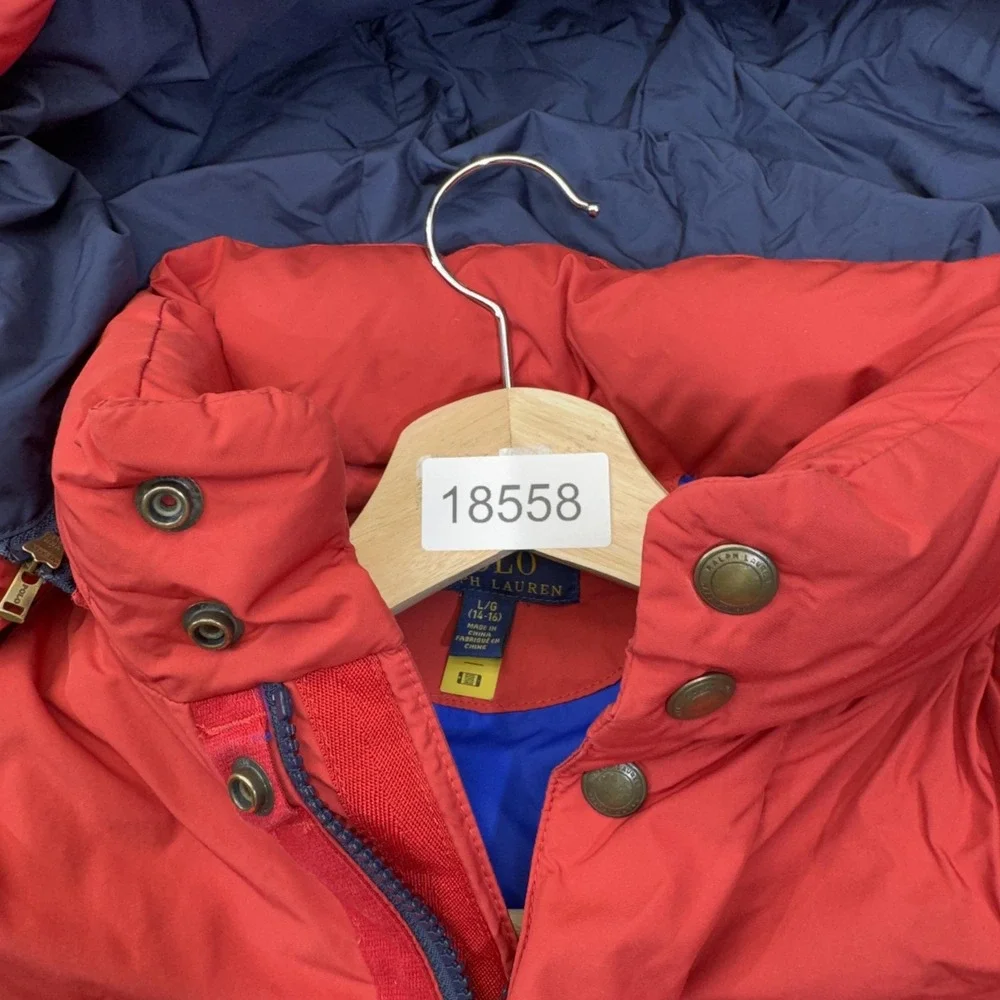 Polo Ralph Lauren Jacket Boys 14-16 Red Puffer Hooded Down Zip Taffeta
